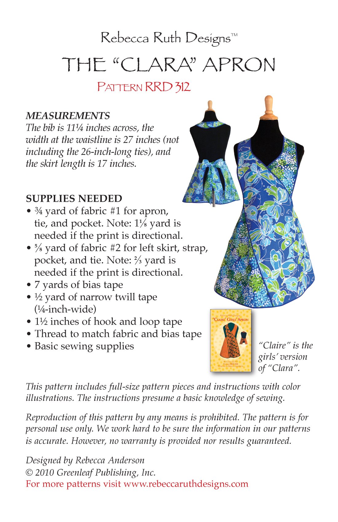 "Clara" Apron Downloadable Pattern from Quilting Books Patterns and Notions