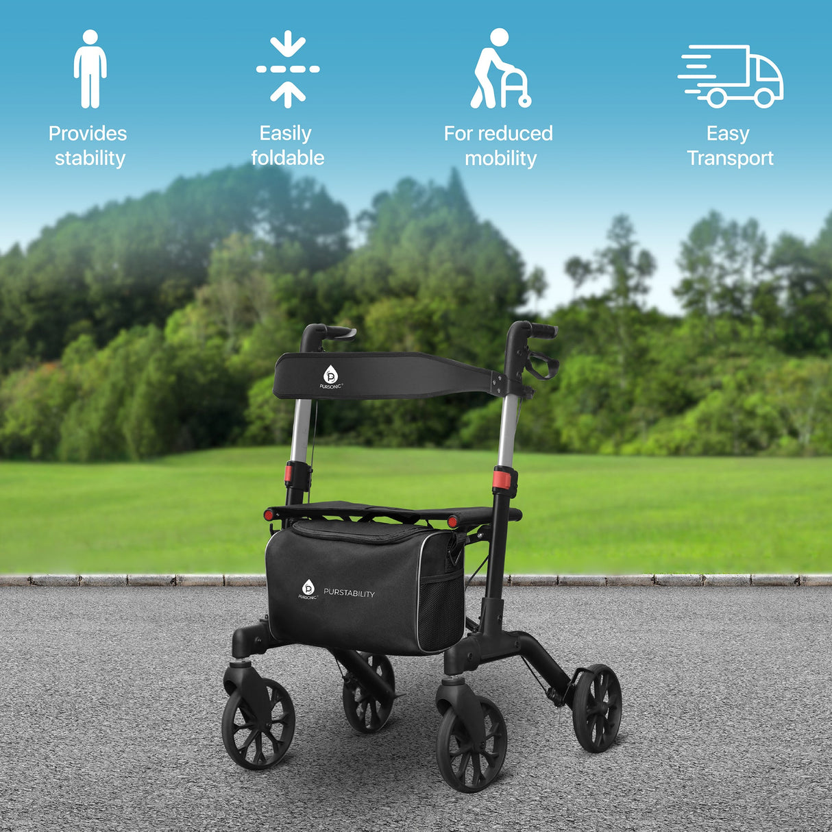 Foldable Wheeled Walker with Backrest and Bag - Adjustable Height, Lightweight, and Sturdy Design for Enhanced Mobility Support from Pursonic