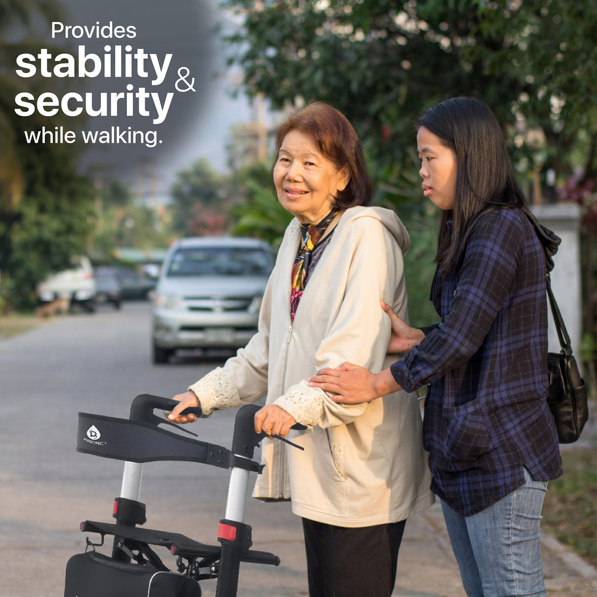 Foldable Wheeled Walker with Adjustable Height, 9-Inch Front and 8-Inch Rear Wheels, 300 lb Capacity from Pursonic