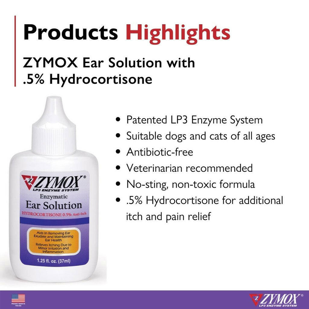 Zymox Ear Solution with 0.5% Hydrocortisone for Dogs & Cats (1.25 oz) from HardyPaw