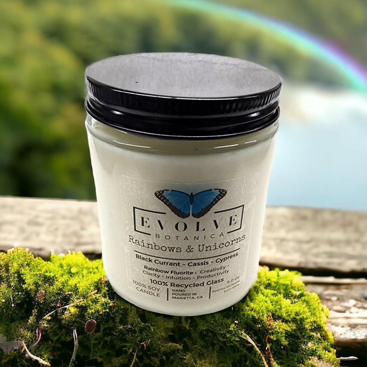 Classic 9oz Jam Jar Crystal Soy Candle - Rainbows & Unicorns (Fluorite) from Evolve Botanica