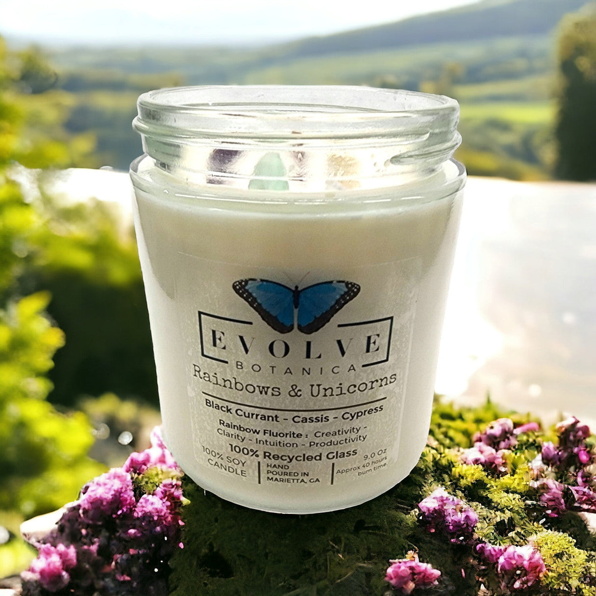 Classic 9oz Jam Jar Crystal Soy Candle - Rainbows & Unicorns (Fluorite) from Evolve Botanica