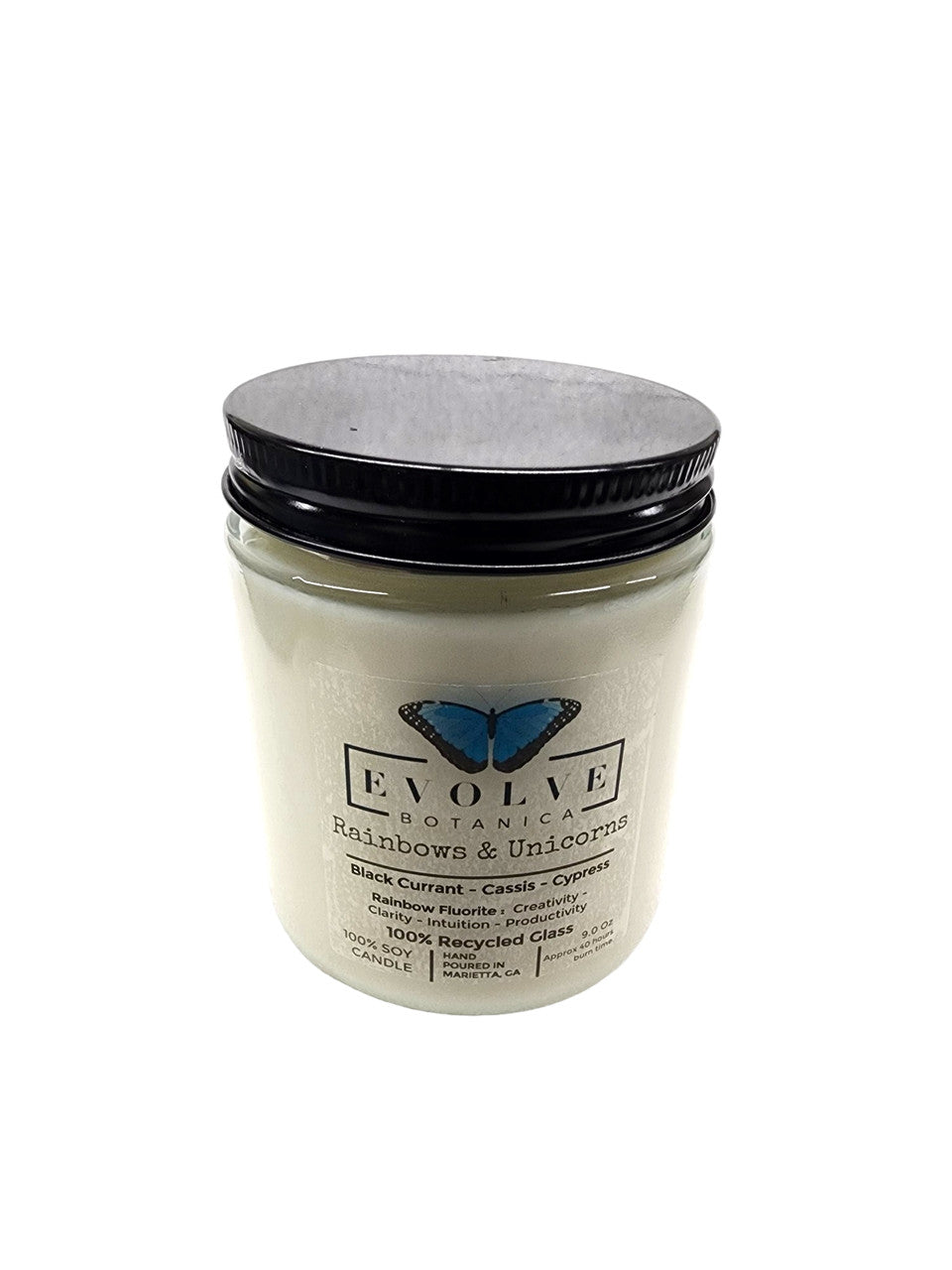 Classic 9oz Jam Jar Crystal Soy Candle - Rainbows & Unicorns (Fluorite) from Evolve Botanica