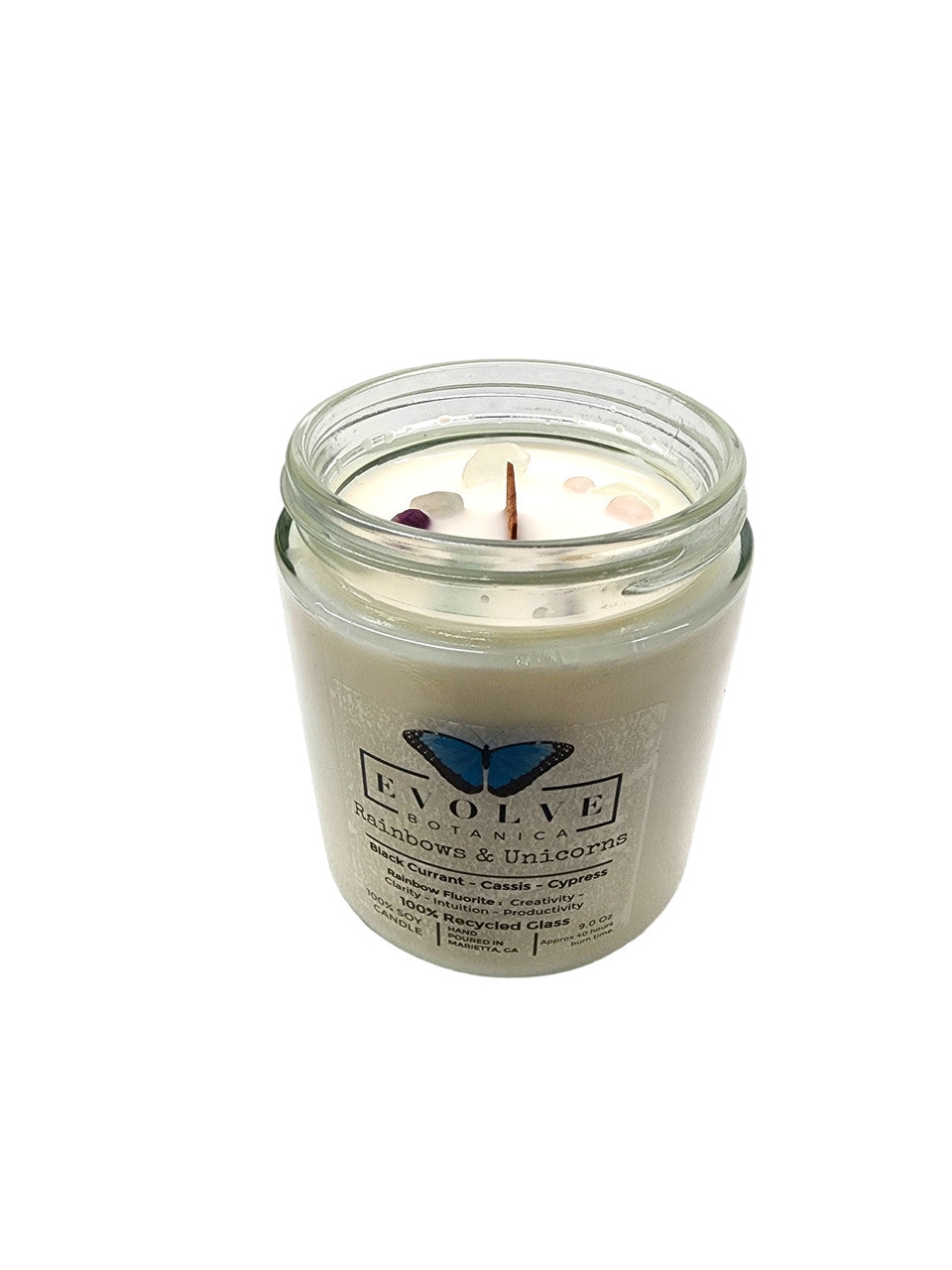 Classic 9oz Jam Jar Crystal Soy Candle - Rainbows & Unicorns (Fluorite) from Evolve Botanica