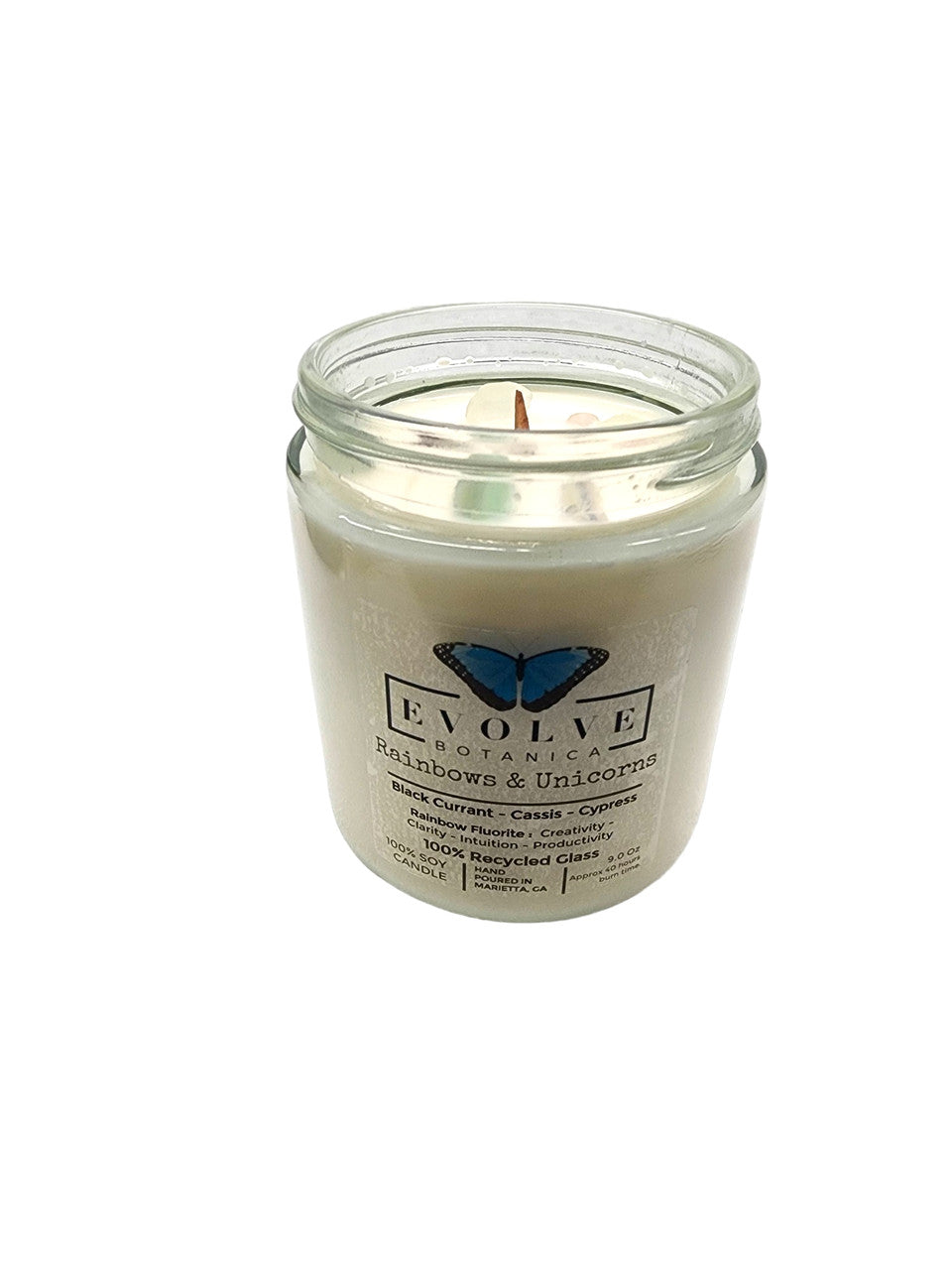 Classic 9oz Jam Jar Crystal Soy Candle - Rainbows & Unicorns (Fluorite) from Evolve Botanica