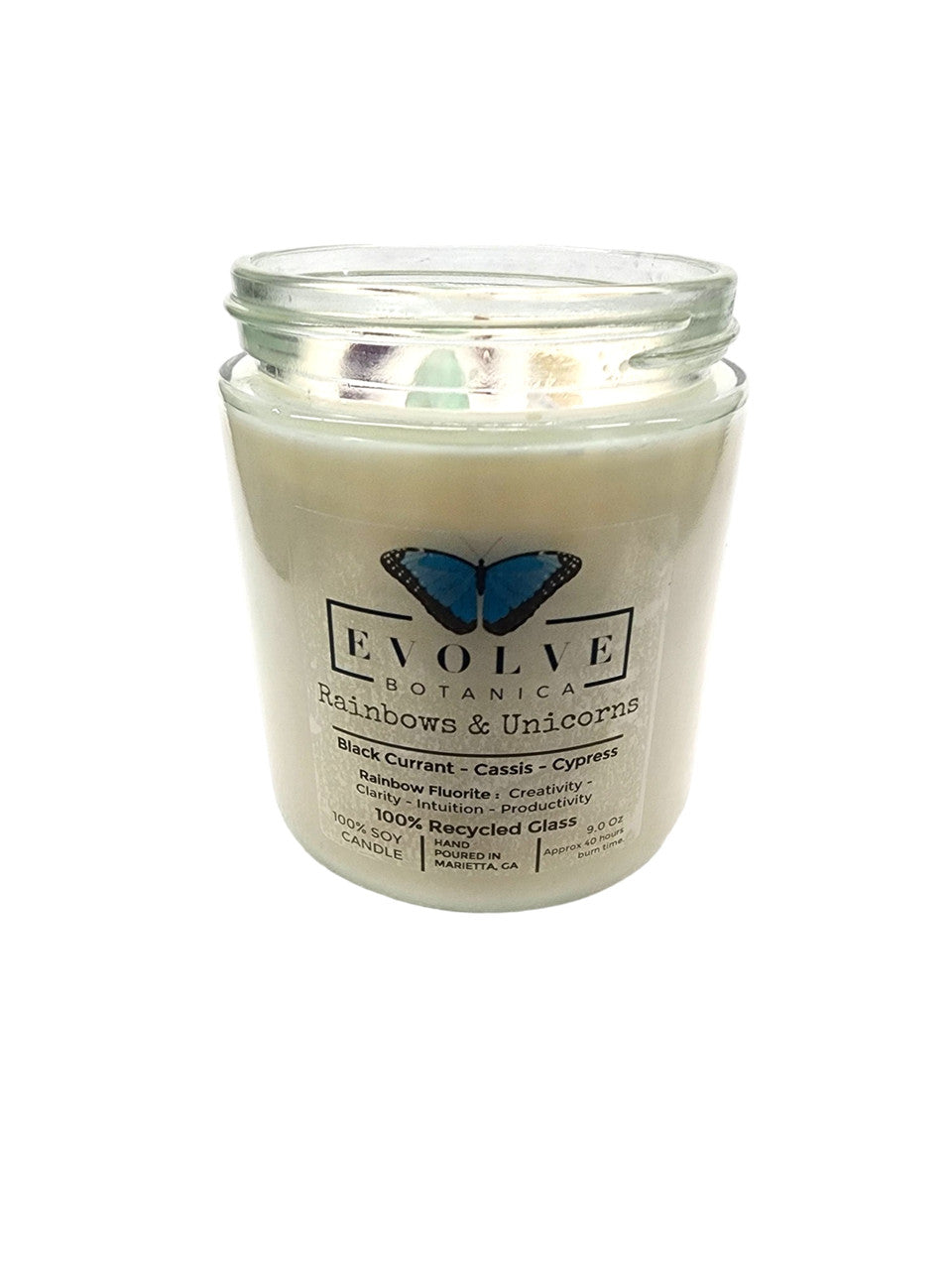 Classic 9oz Jam Jar Crystal Soy Candle - Rainbows & Unicorns (Fluorite) from Evolve Botanica