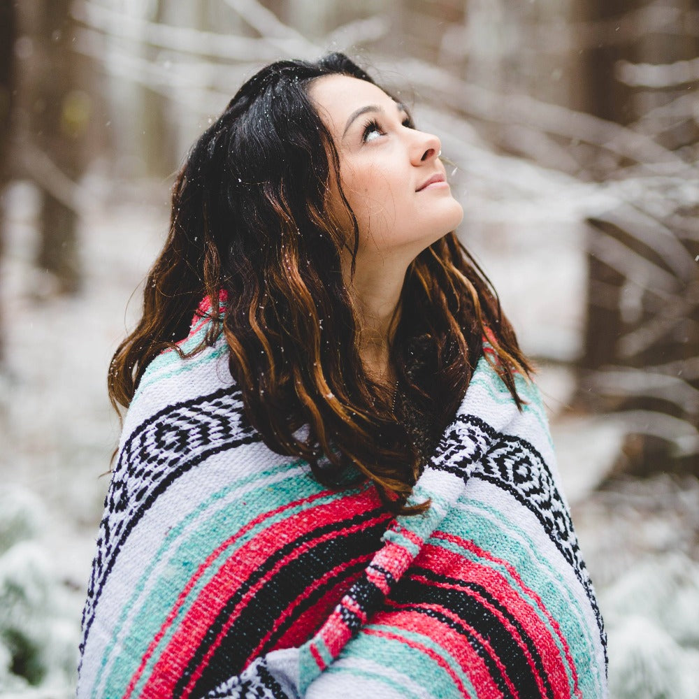 Seafoam Green & Coral Mexican Falsa Blanket From West Path