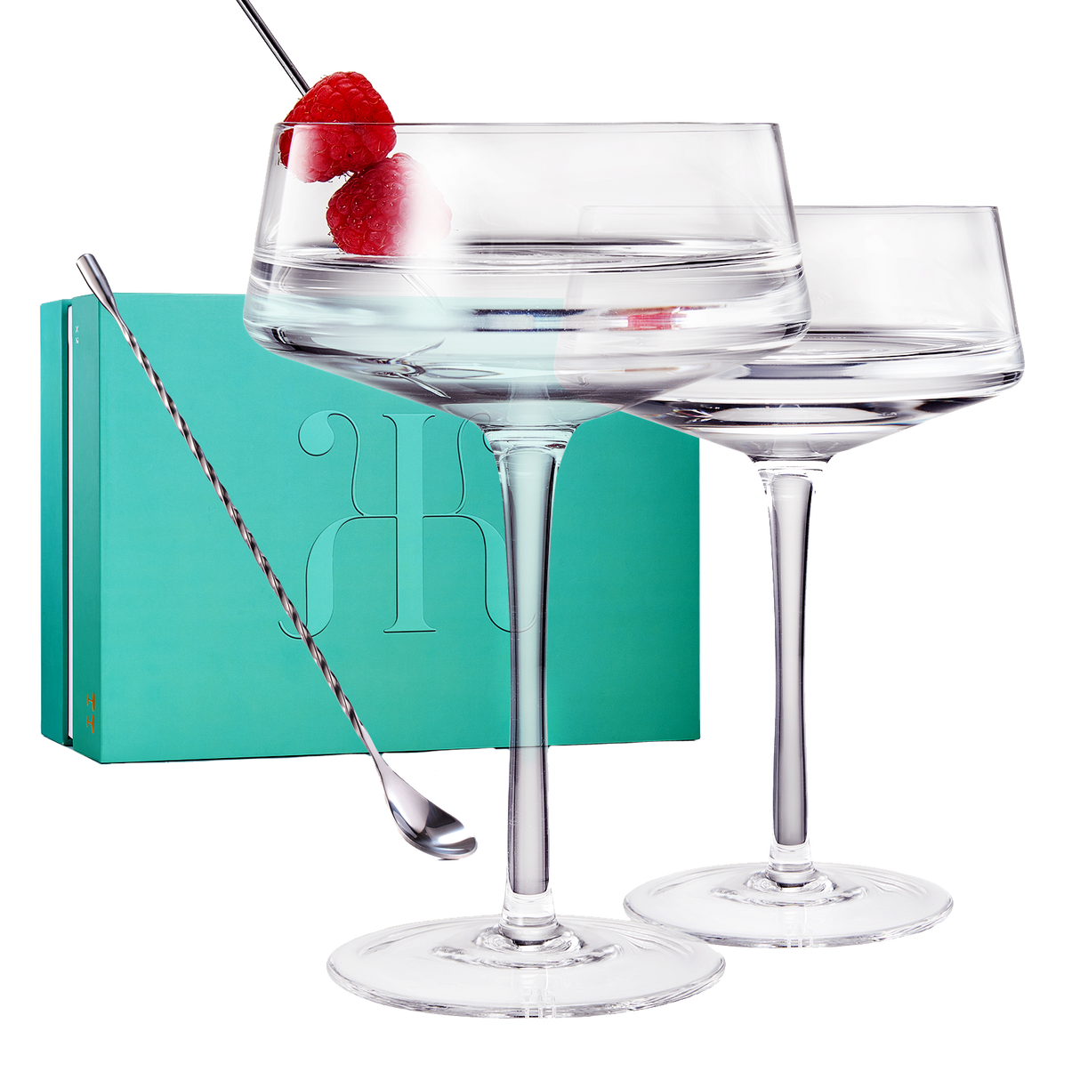 Luxury Martini Glass Set of 2 | 10oz | Crystal Luxury Martini with Silver Spoon, Premium Hand-Blown | Classic Cocktail & Champagne Clear Coupes For Manhattan, Cosmopolitan, Sidecar, Speakeasy Goblets from The Wine Savant