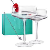 Luxury Martini Glass Set of 2 | 10oz | Crystal Luxury Martini with Silver Spoon, Premium Hand-Blown | Classic Cocktail & Champagne Clear Coupes For Manhattan, Cosmopolitan, Sidecar, Speakeasy Goblets from The Wine Savant