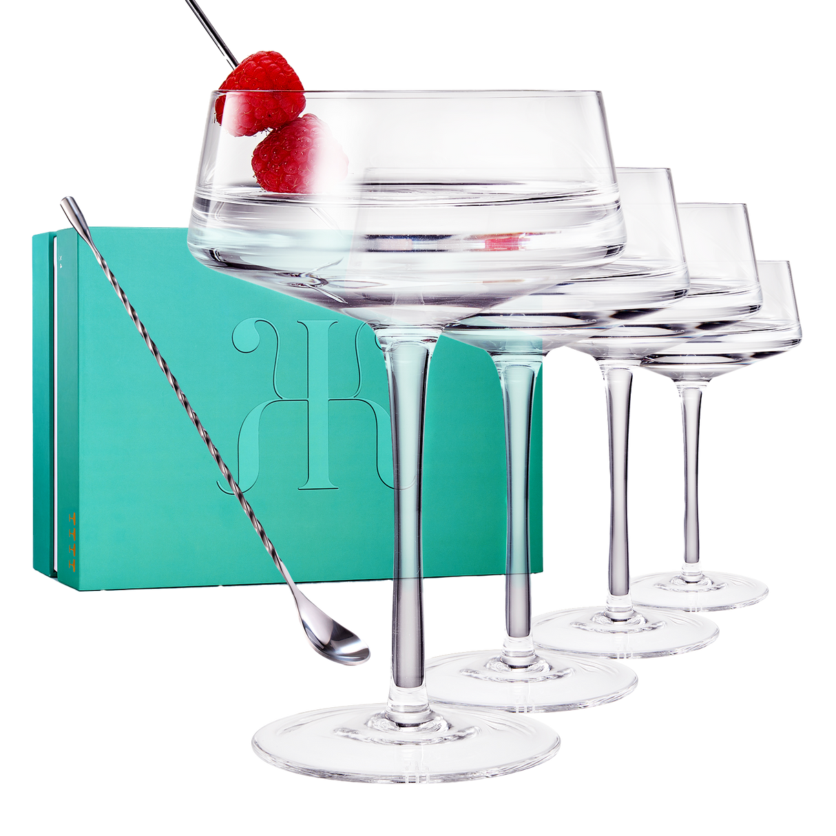 Luxury Martini Glass Set of 4 | 10oz | Crystal Luxury Martini with Silver Spoon, Premium Hand-Blown | Classic Cocktail & Champagne Clear Coupes For Manhattan, Cosmopolitan, Sidecar, Speakeasy Goblets from The Wine Savant