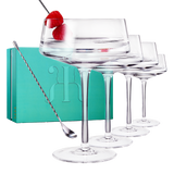 Luxury Martini Glass Set of 4 | 10oz | Crystal Luxury Martini with Silver Spoon, Premium Hand-Blown | Classic Cocktail & Champagne Clear Coupes For Manhattan, Cosmopolitan, Sidecar, Speakeasy Goblets from The Wine Savant
