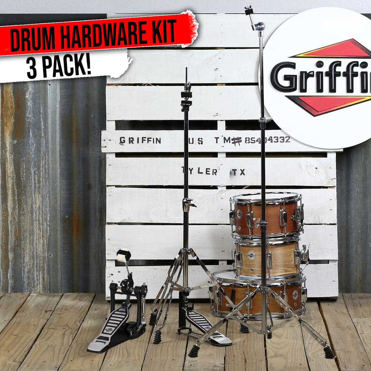 3 PACK - Hi-Hat Stand, Kick Drum Pedal & Straight Cymbal Stand Hardware Kit by GRIFFIN | Deluxe Full Size Percussion Chrome Hardware Set | Lightweight, Portable & Mobile, Perfect for Drummer Gigs from GeekStands.com