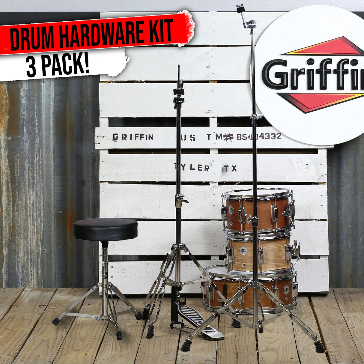 GRIFFIN Drum Hardware 3 PACK - Hi-Hat Stand, Drummers Throne Seat & Straight Cymbal Stand | Deluxe Chrome Slip-Proof Gear Holder Percussion Set for Mounting Medium-Duty Crash, Ride & Splash Cymbals from GeekStands.com