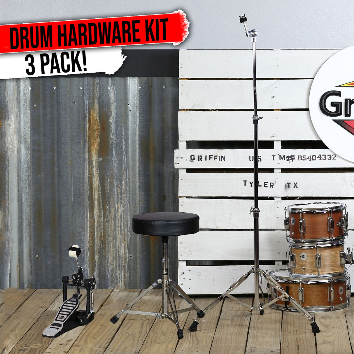 3 PACK GRIFFIN Drum Hardware Set - Kick Drum Pedal, Drummers Throne Seat & Straight Cymbal Stand | Deluxe Chrome Slip-Proof Gear Holder Percussion Set for Mounting Crash, Ride & Splash Cymbals from GeekStands.com