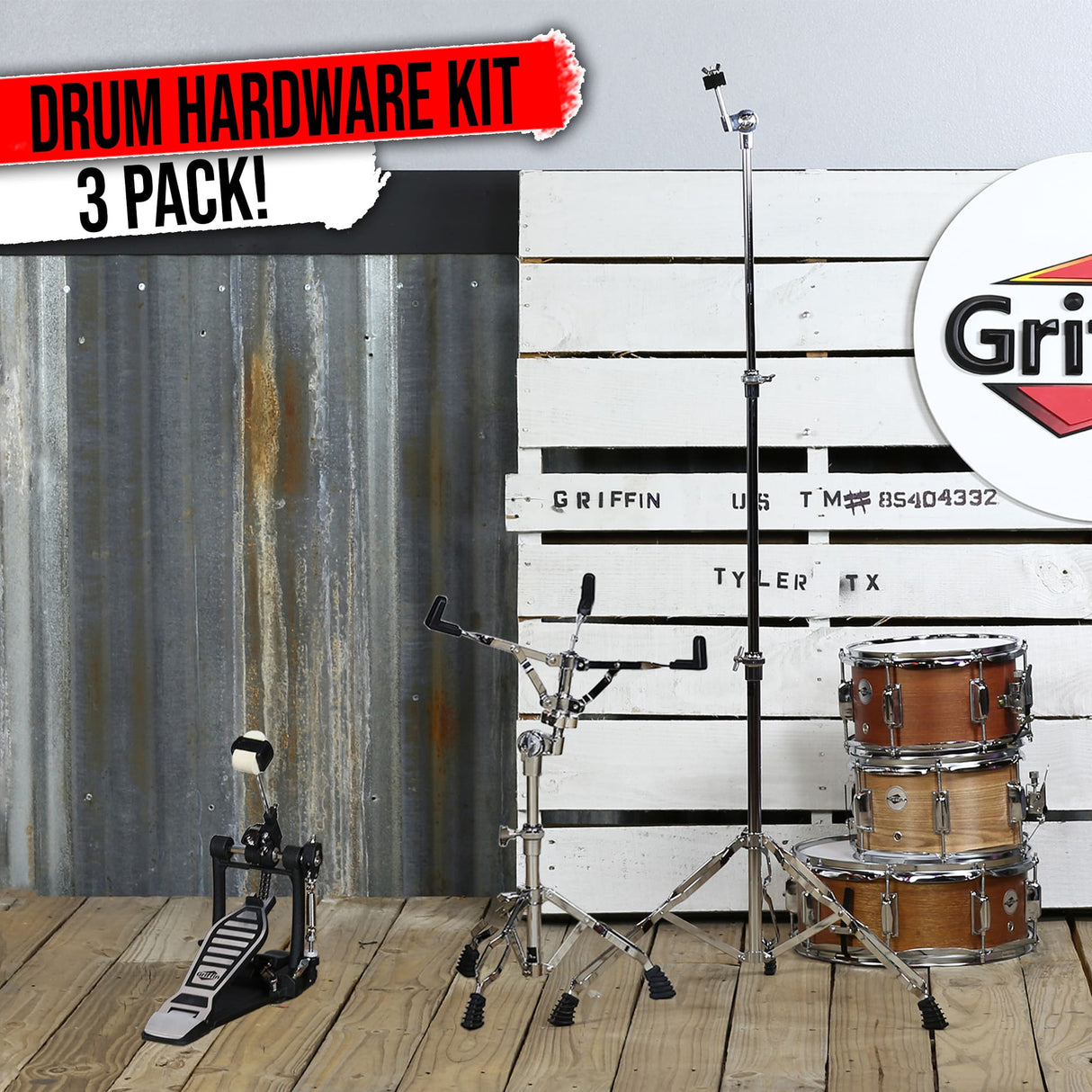 Drum Hardware Set 3 PACK by GRIFFIN - Kick Drum Pedal, Snare Stand & Straight Cymbal Stand | Deluxe Double Chain Full Steel Foot Pedal for Intense Play | Slip-Proof Gear Tilter & Clamp Basket Holder from GeekStands.com