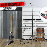 Drum Hardware Set 3 PACK by GRIFFIN - Kick Drum Pedal, Snare Stand & Straight Cymbal Stand | Deluxe Double Chain Full Steel Foot Pedal for Intense Play | Slip-Proof Gear Tilter & Clamp Basket Holder from GeekStands.com