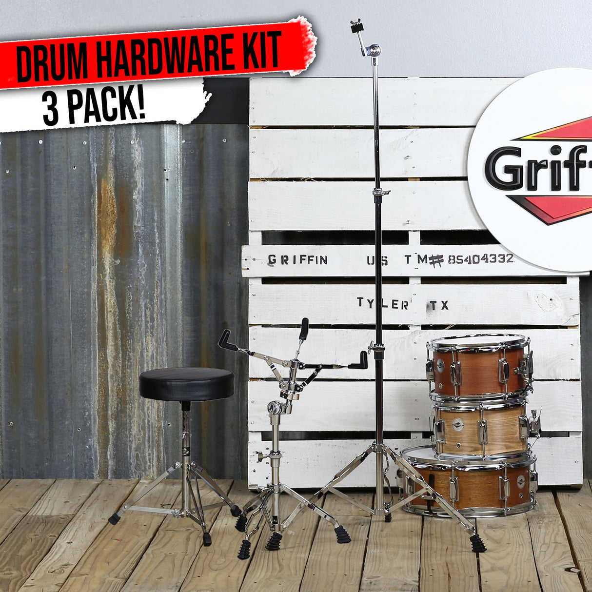 Drummers Throne Seat, Snare Drum Stand & Straight Cymbal Stand Hardware Set 3 PACK by GRIFFIN | Comfortable Percussion Chair for Adults | Light Weight Mount for Standard Drums, Tom-Toms & Practice Pad from GeekStands.com