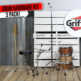 Drummers Throne Seat, Snare Drum Stand & Straight Cymbal Stand Hardware Set 3 PACK by GRIFFIN | Comfortable Percussion Chair for Adults | Light Weight Mount for Standard Drums, Tom-Toms & Practice Pad from GeekStands.com