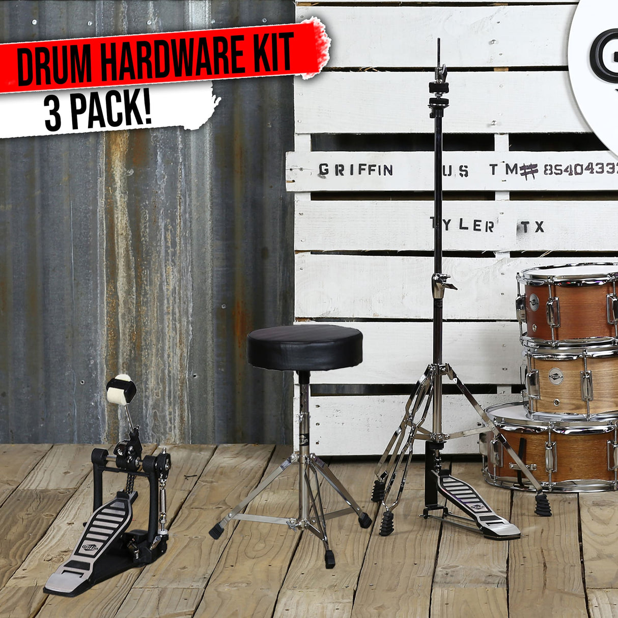 3 PACK GRIFFIN Drum Hardware Set - Bass Drum Kick Pedal, Drummers Throne Seat & Hi-Hat Cymbal Stand | Deluxe Chrome Slip-Proof Gear Holder Percussion Set for Mounting Crash, Ride & Splash Cymbals from GeekStands.com