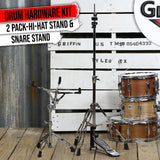 2-PACK Drum Hardware Set- Hi-Hat Stand & Snare Drum Stand by GRIFFIN | Hi Hat Cymbal Pedal With Pull Chain | Chrome Double Braced Kit | Mount Basket for Standard Snares, Tom Drums & Practice Pad from GeekStands.com