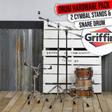 3 PACK - Cymbal Stand With Boom Arm & Snare Drum Stand Kit by GRIFFIN | Percussion Chrome Gear Hardware Set with Double Braced Legs | Counterweight Adapter for Mounting Crash, Ride, Splash Cymbals from GeekStands.com