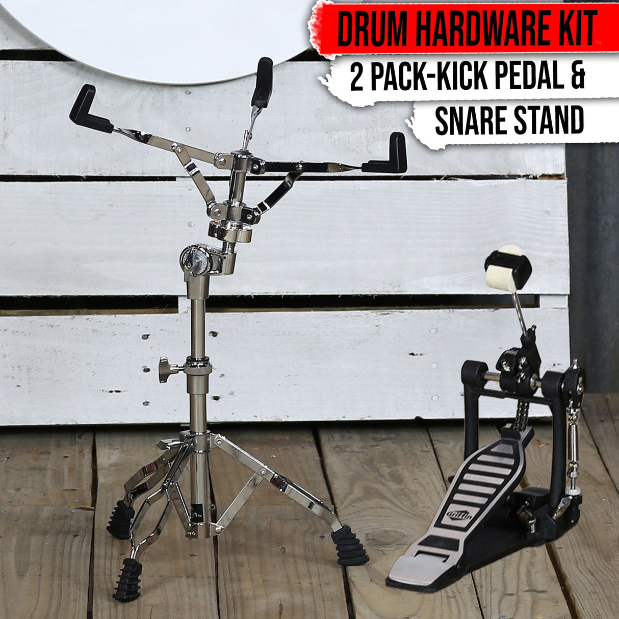 2-Pack Kick Bass Drum Pedal & Snare Drum Stand Set by GRIFFIN | Deluxe Double-Chain Foot Pedal with 4-Sided Beater & Adjustable Power Cam | Durable Percussion Hardware for Intense Play from GeekStands.com