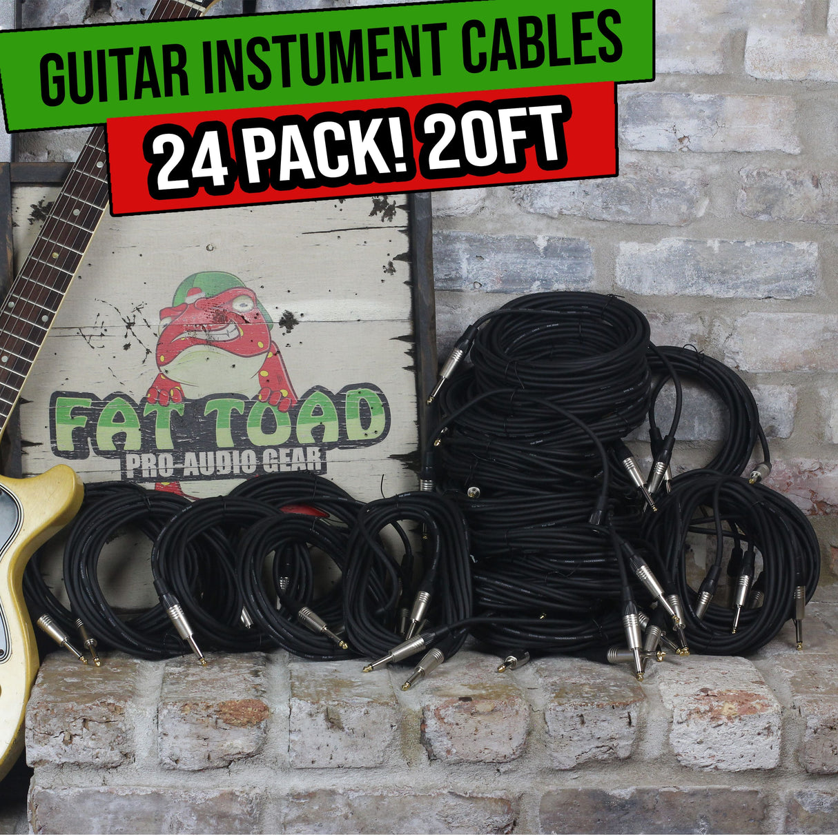 24 PACK - FAT TOAD 20FT Guitar Cords Instrument Cables | 24 AWG Patch Conductor for Electric Guitar, Bass, Amplifier, Speaker, Keyboard & Recording Studio | Shielded 1/4 Inch Gold Straight-End Wires from GeekStands.com