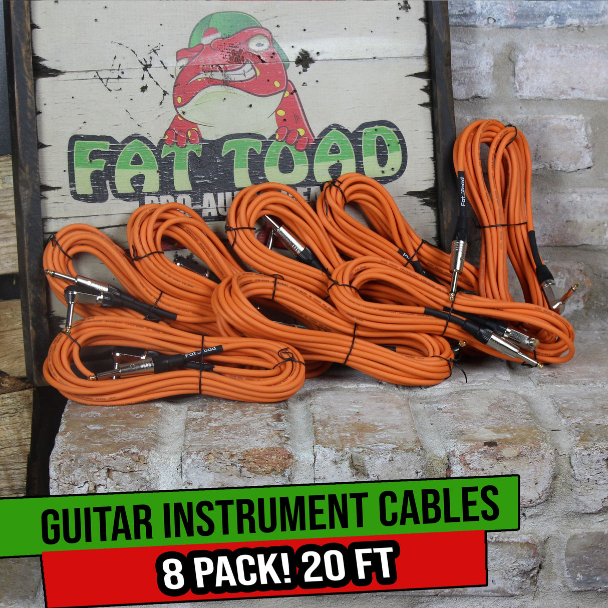 8 PACK - Guitar Cables Right Angled Instrument Cords by FAT TOAD | 20FT 1/4 Quarter Inch Straight-End 24 GA Wires for Electric Guitar Pedal, Bass, Keyboards, Speaker Amplifier & Audio Studio Recording from GeekStands.com