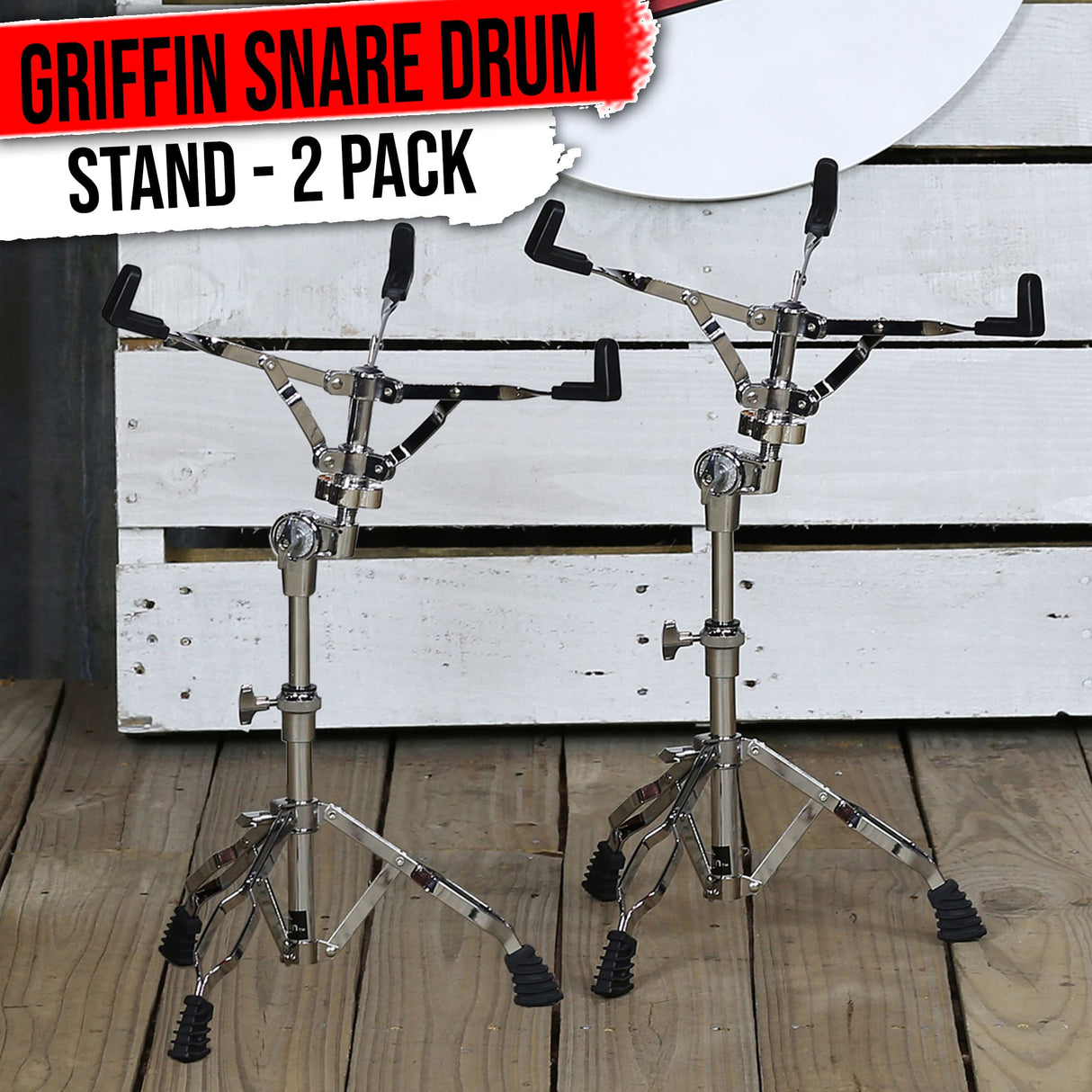 2-PACK Snare Drum Stand by GRIFFIN | Chrome Double Braced, Light Weight Mount for Standard Snares, Tom Drums & Practice Pad | Slip-Proof Gear Tilter & Clamp Style Basket Holder Percussion Hardware Kit from GeekStands.com