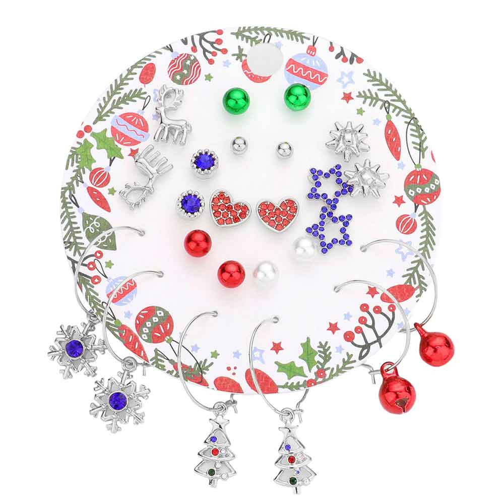 12 Pairs Christmas Tree, Snowflake, Heart, and Star Pearl Earrings Set from Madeline Love