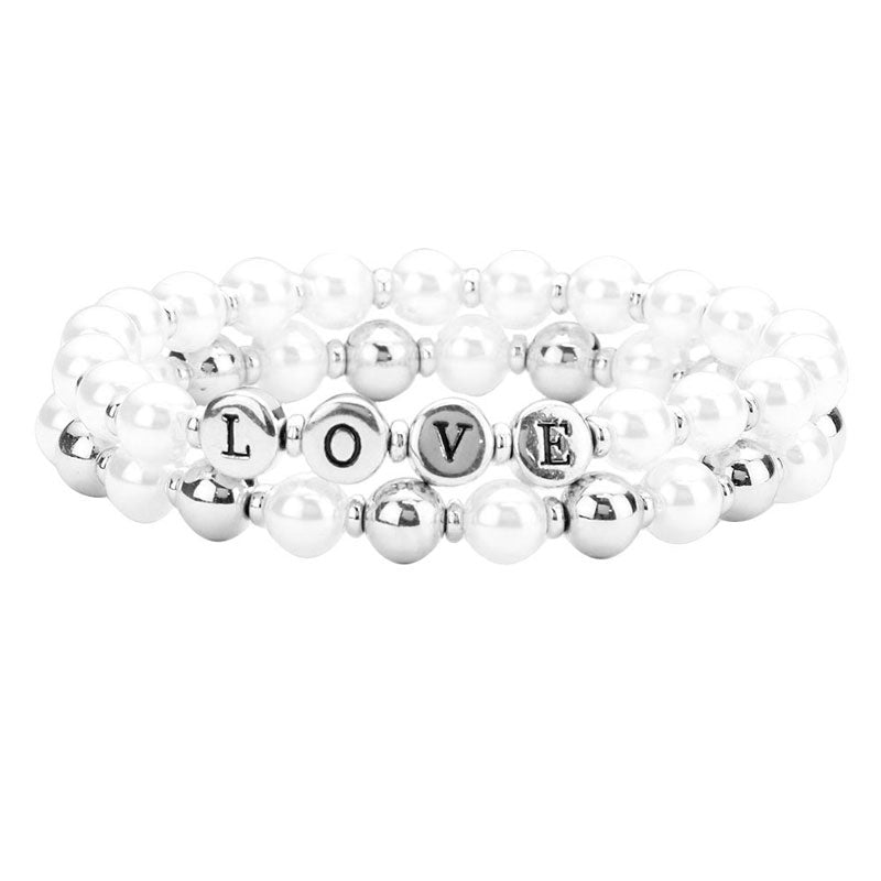 2PCS LOVE Pearl Metal Ball Stretch Message Bracelets from Madeline Love