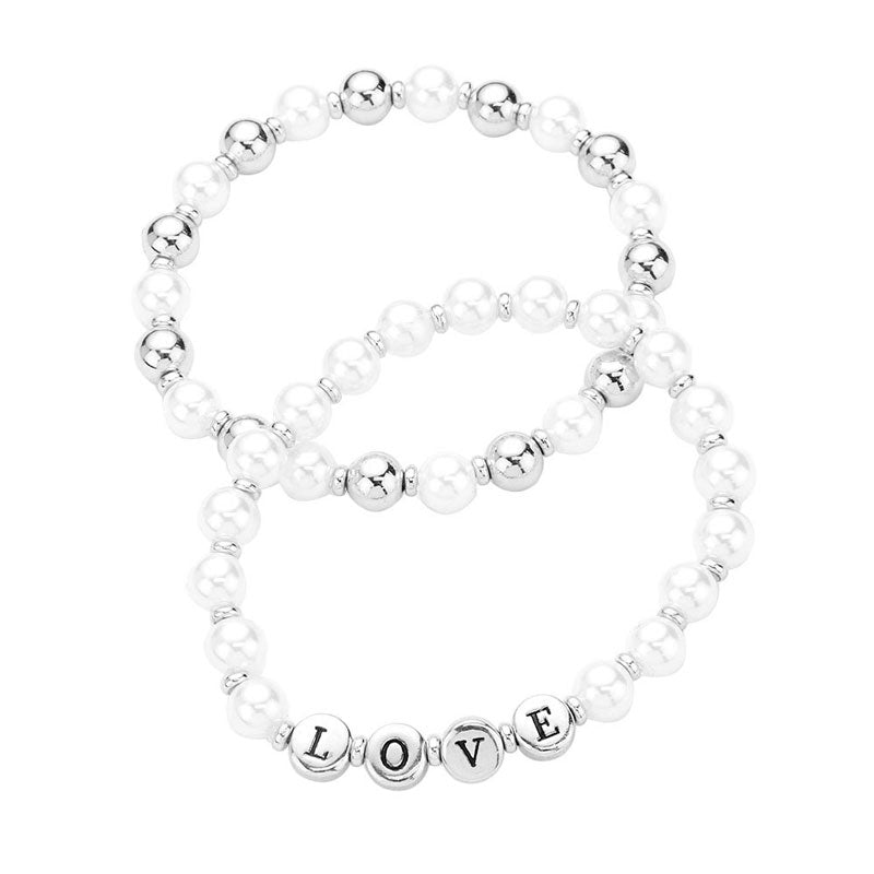 2PCS LOVE Pearl Metal Ball Stretch Message Bracelets from Madeline Love