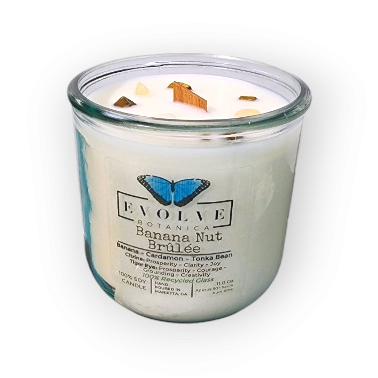 Rocks Candle - Banana Nut Brulee (Wood Wick Citrine & Tiger Eye Gemstone Soy Candle) from Evolve Botanica