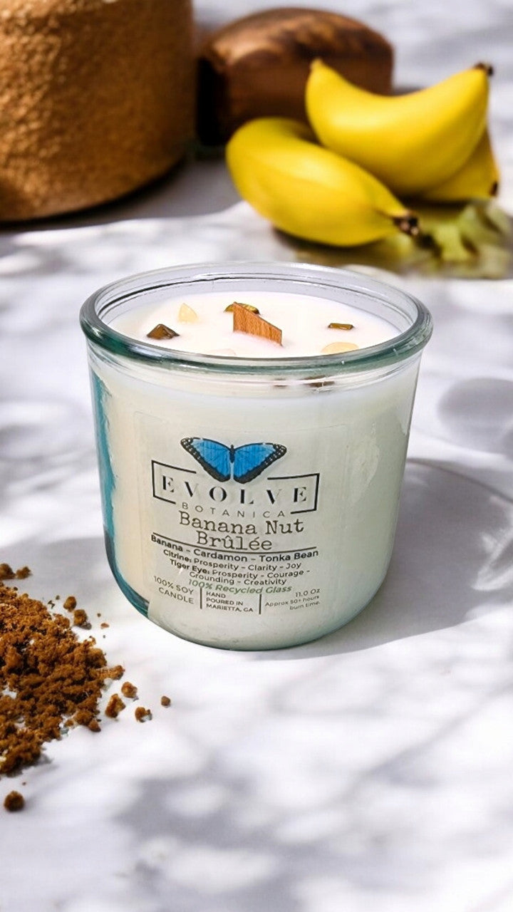 Rocks Candle - Banana Nut Brulee (Wood Wick Citrine & Tiger Eye Gemstone Soy Candle) from Evolve Botanica