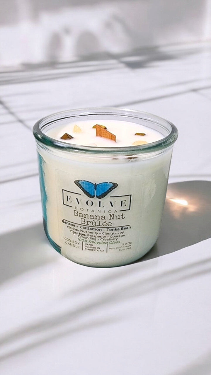 Rocks Candle - Banana Nut Brulee (Wood Wick Citrine & Tiger Eye Gemstone Soy Candle) from Evolve Botanica