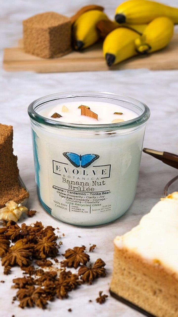 Rocks Candle - Banana Nut Brulee (Wood Wick Citrine & Tiger Eye Gemstone Soy Candle) from Evolve Botanica