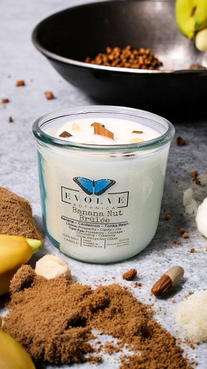 Rocks Candle - Banana Nut Brulee (Wood Wick Citrine & Tiger Eye Gemstone Soy Candle) from Evolve Botanica