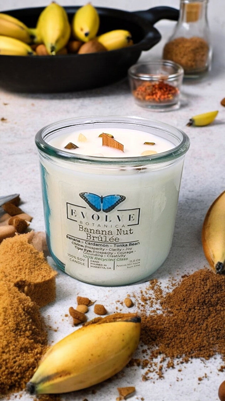 Rocks Candle - Banana Nut Brulee (Wood Wick Citrine & Tiger Eye Gemstone Soy Candle) from Evolve Botanica