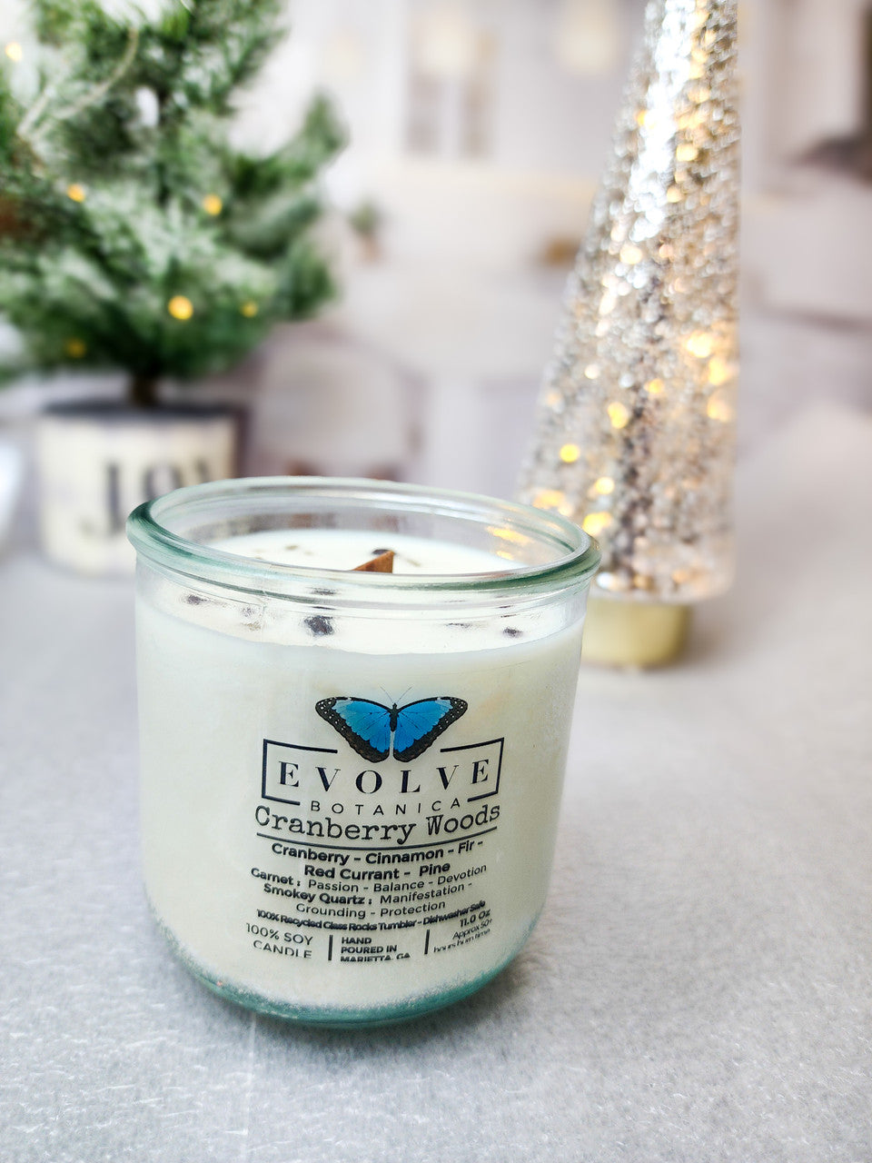 Rocks Candle - Cranberry Woods (Wood Wick Garnet & Smokey Quartz Gemstone Soy Candle) from Evolve Botanica