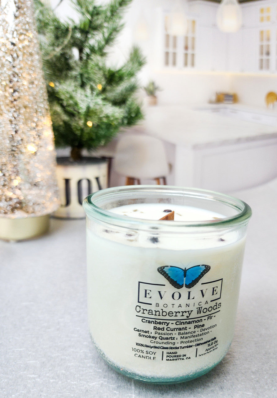 Rocks Candle - Cranberry Woods (Wood Wick Garnet & Smokey Quartz Gemstone Soy Candle) from Evolve Botanica