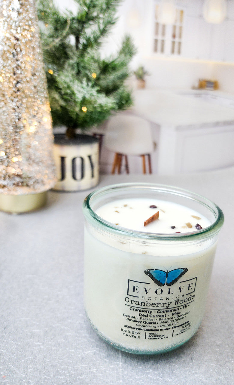 Rocks Candle - Cranberry Woods (Wood Wick Garnet & Smokey Quartz Gemstone Soy Candle) from Evolve Botanica