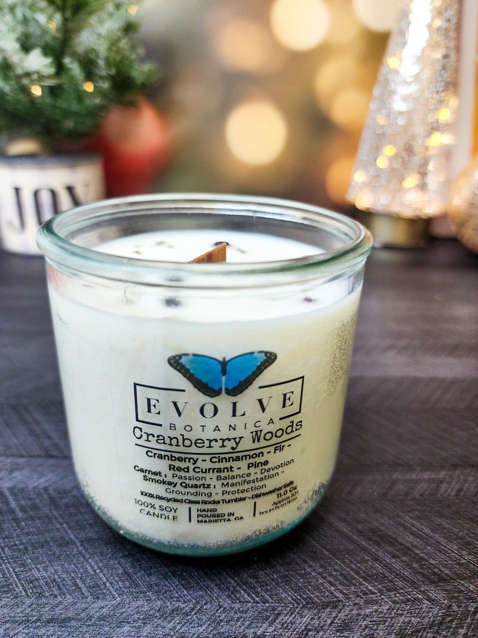 Rocks Candle - Cranberry Woods (Wood Wick Garnet & Smokey Quartz Gemstone Soy Candle) from Evolve Botanica