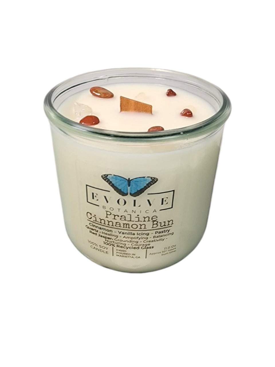 Rocks Candle - Praline Cinnamon Bun (Wood Wick Red Jasper & Clear Quartz Gemstone Soy Candle) from Evolve Botanica