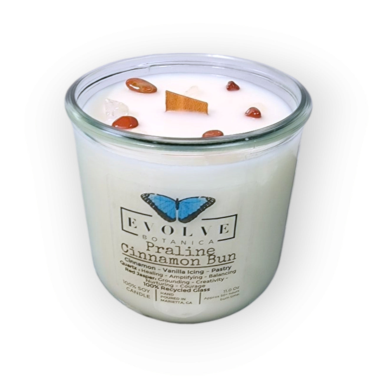 Rocks Candle - Praline Cinnamon Bun (Wood Wick Red Jasper & Clear Quartz Gemstone Soy Candle) from Evolve Botanica