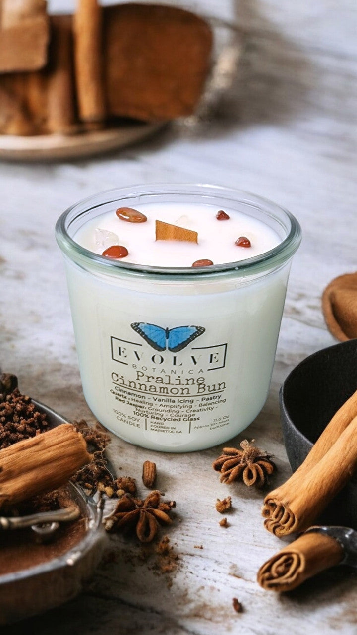 Rocks Candle - Praline Cinnamon Bun (Wood Wick Red Jasper & Clear Quartz Gemstone Soy Candle) from Evolve Botanica