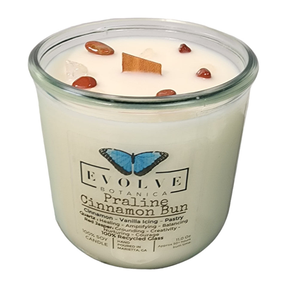 Rocks Candle - Praline Cinnamon Bun (Wood Wick Red Jasper & Clear Quartz Gemstone Soy Candle) from Evolve Botanica