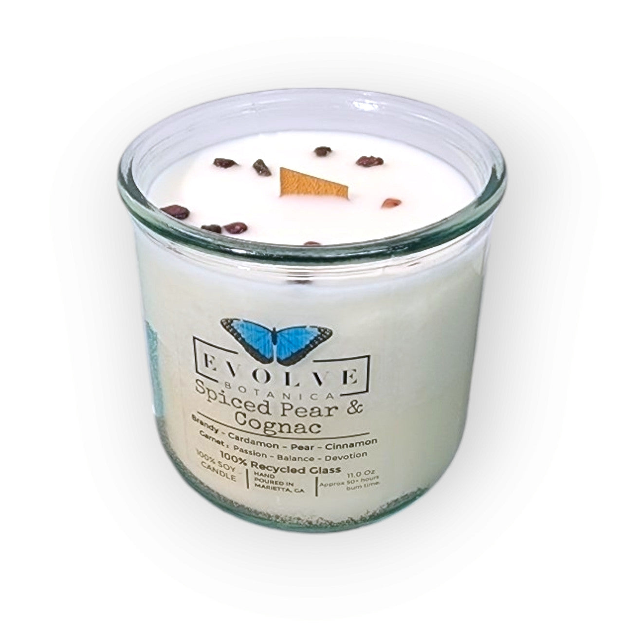 Rocks Candle - Spiced Pear & Cognac (Wood Wick Garnet Gemstone Soy Candle) from Evolve Botanica