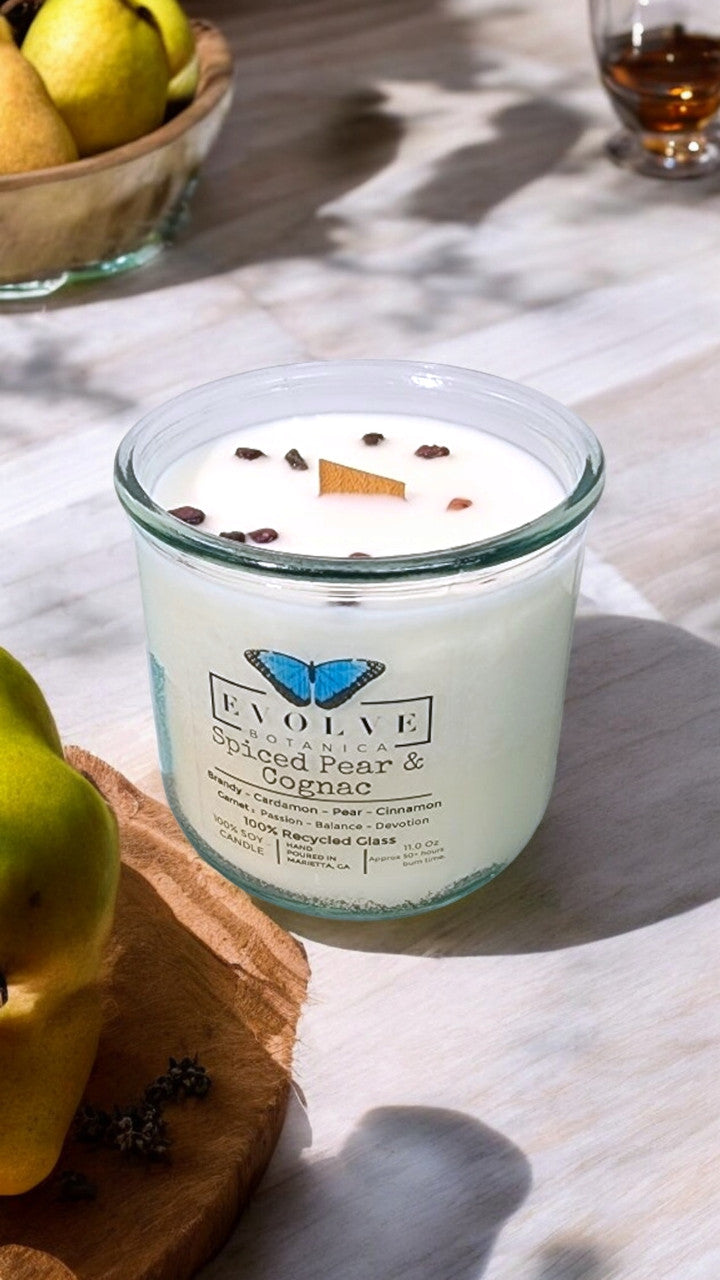 Rocks Candle - Spiced Pear & Cognac (Wood Wick Garnet Gemstone Soy Candle) from Evolve Botanica
