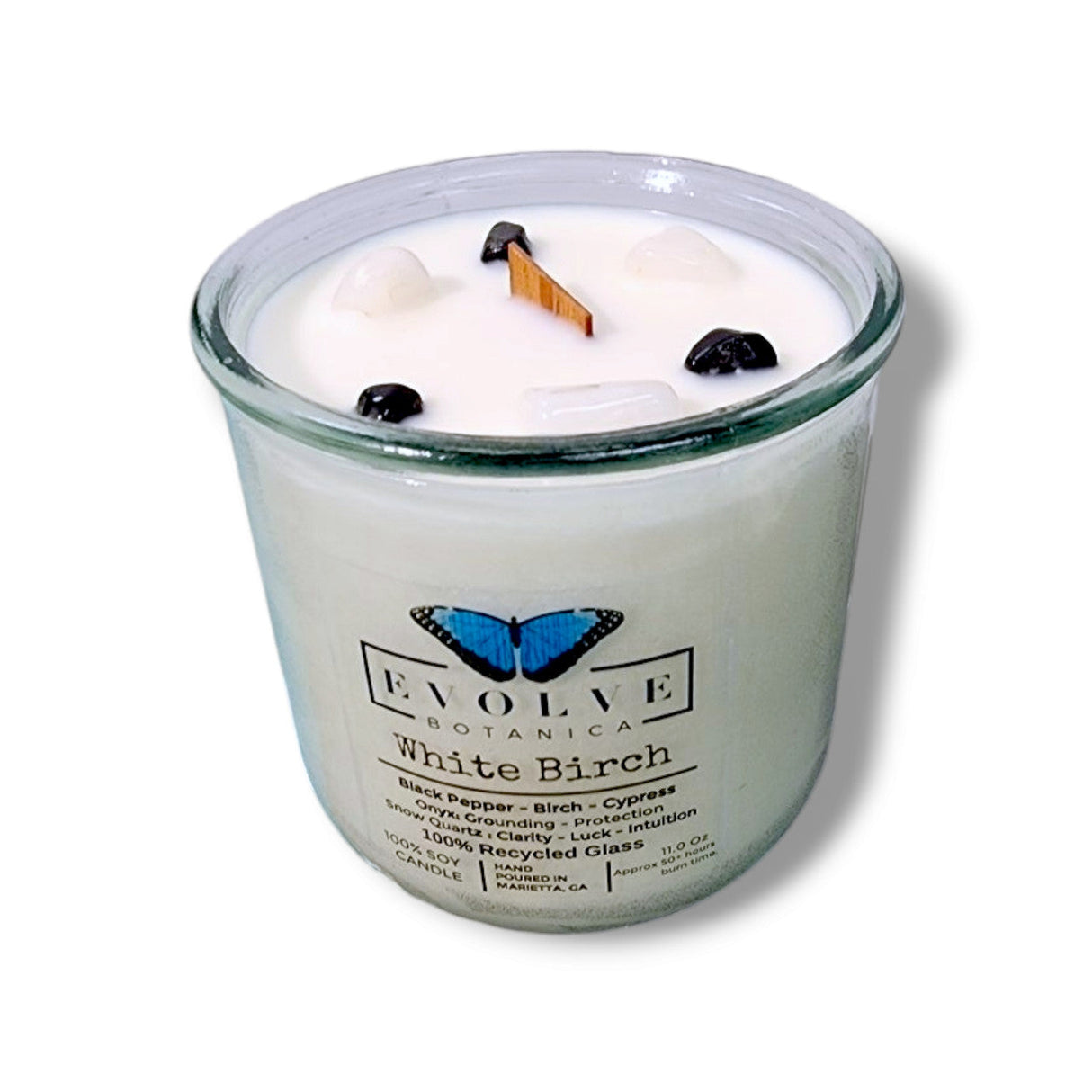 Rocks Candle - White Birch (Wood Wick Snow Quartz & Onyx Gemstone Soy Candle) from Evolve Botanica
