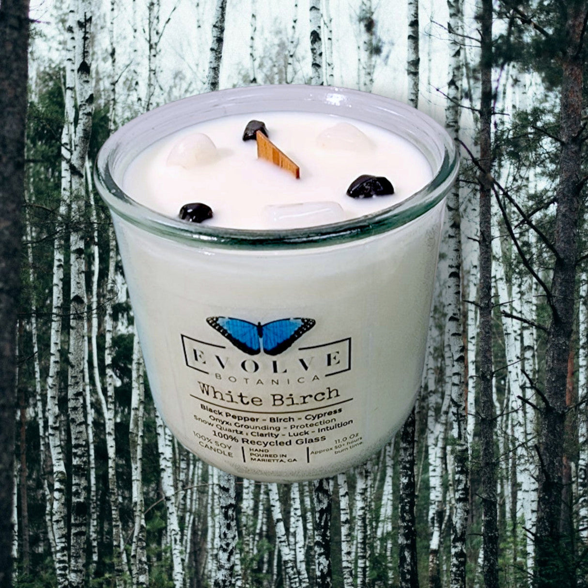 Rocks Candle - White Birch (Wood Wick Snow Quartz & Onyx Gemstone Soy Candle) from Evolve Botanica